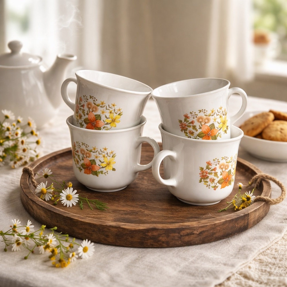 Vintage Set of 4 Corelle White Mugs with Orange and Yellow Floral Design